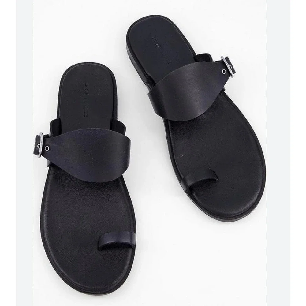 Free People Black Leather Toe‎ Loop Barcelona Buckle Slide Sandals Womens 6